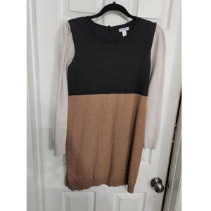 Color block sweater dress tan cream gray